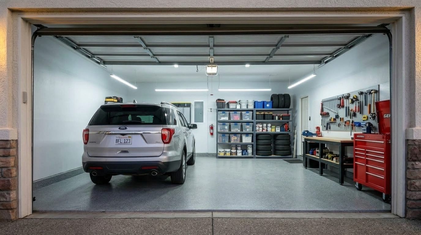 Lord Garage Door Services Interior View of Custom Garage Door Overhead and Workshop